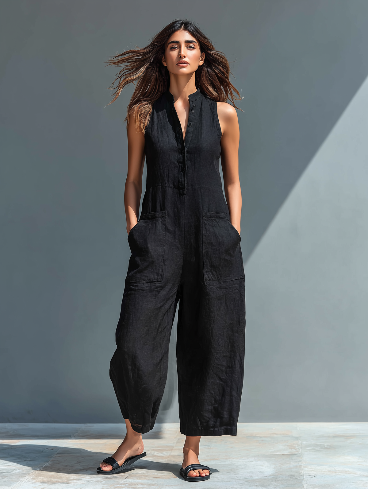 Simone | Minimal sleeveless linen-blend jumpsuit