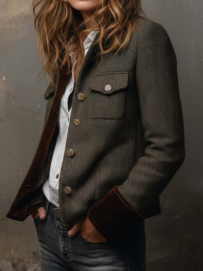Vintage Herringbone Contrast Trim Blazer