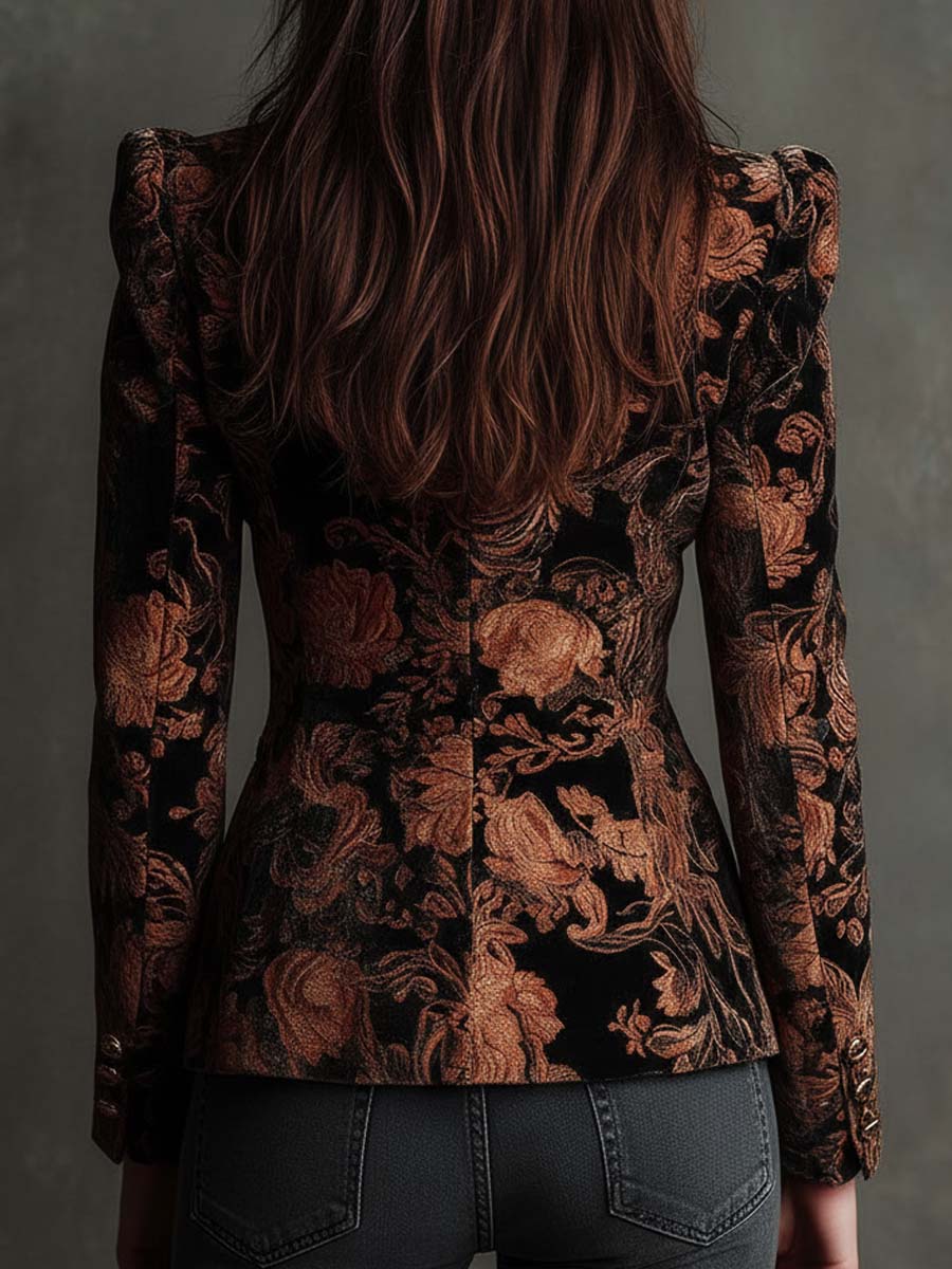 Black And Bronze Floral Print Tailored Blazer