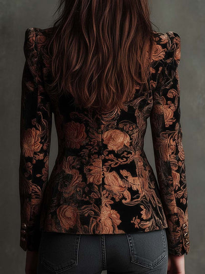 Black And Bronze Floral Print Tailored Blazer