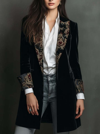 Black Baroque Print Lapel Slim Fit Blazer