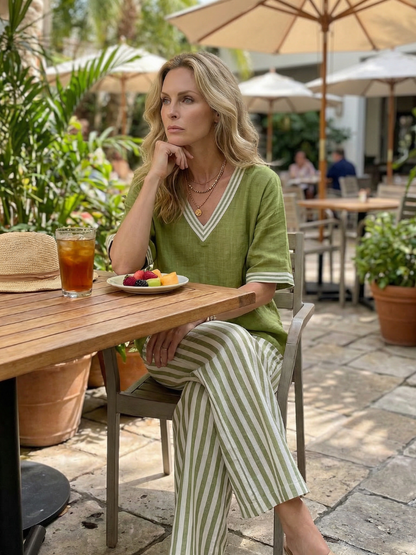 Wren | Contrast V-neck tunic and striped trousers