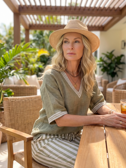 Wren | Contrast V-neck tunic and striped trousers