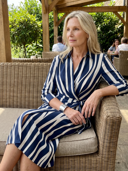 Leya | Long-sleeve wrap midi dress with stripe print