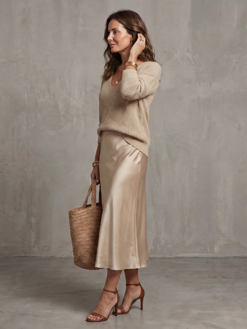Luciana | Knitted layer and bias-cut satin skirt