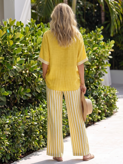 Wren | Contrast V-neck tunic and striped trousers