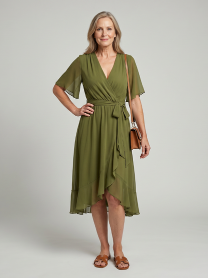 Damska kopertowa sukienka midi z krótkim rękawem – Anna Marie