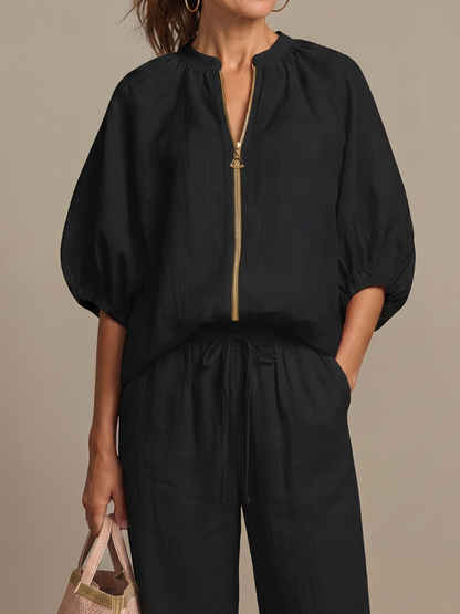 Natalia | Zip-front blouse and wide-leg trousers
