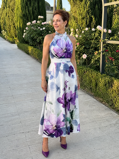 Damska sukienka midi w kwiaty z dekoltem halter – Anna Marie