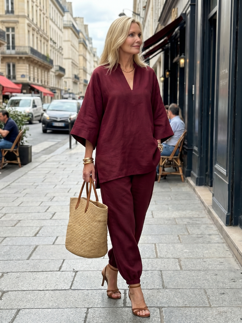 Damski zestaw tunika z dekoltem V i marszczone spodnie – Anna Marie
