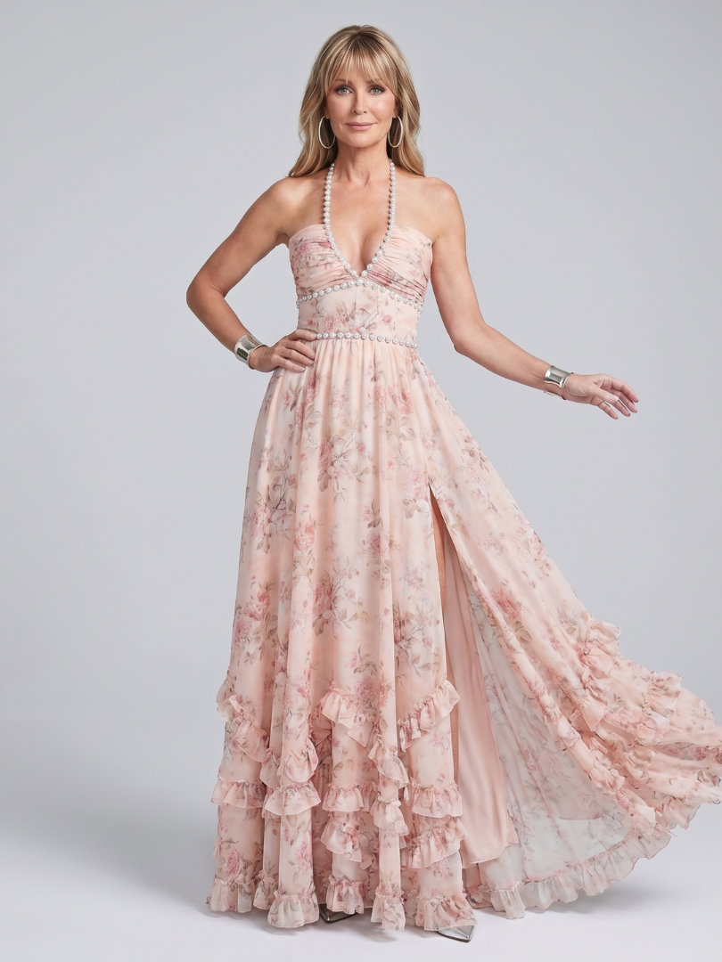 Damska sukienka maxi w kwiaty z halter dekoltem – Anna Marie