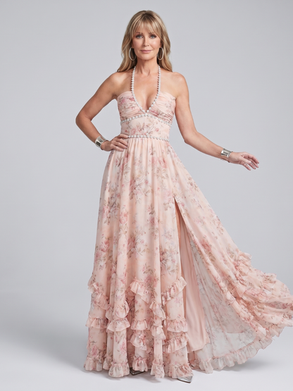 Damska sukienka maxi w kwiaty z halter dekoltem – Anna Marie