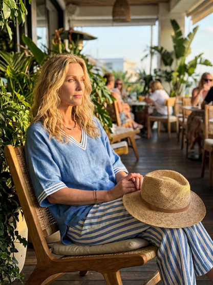Wren | Contrast V-neck tunic and striped trousers