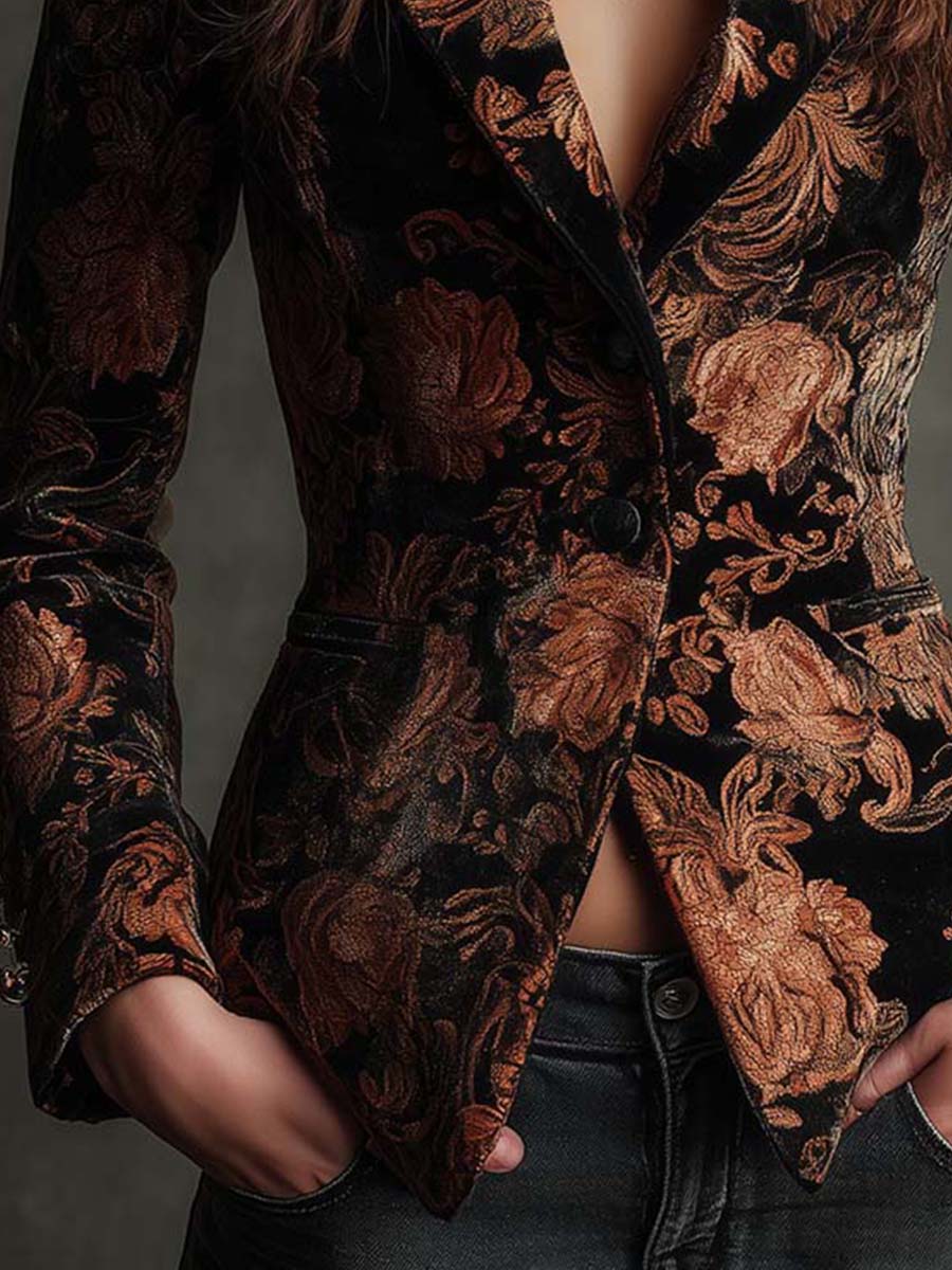 Black And Bronze Floral Print Tailored Blazer