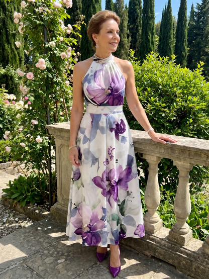 Damska sukienka midi w kwiaty z dekoltem halter – Anna Marie