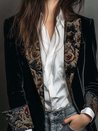 Black Baroque Print Lapel Slim Fit Blazer