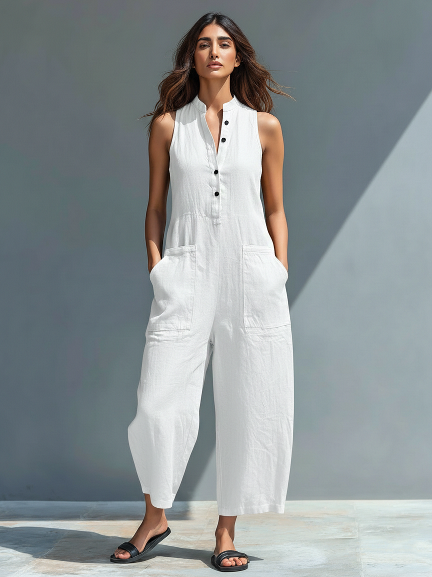 Simone | Minimal sleeveless linen-blend jumpsuit