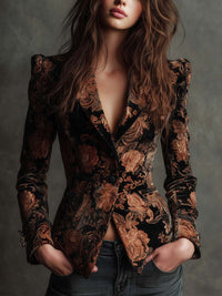 Black And Bronze Floral Print Tailored Blazer