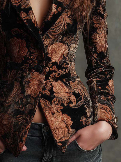 Black And Bronze Floral Print Tailored Blazer