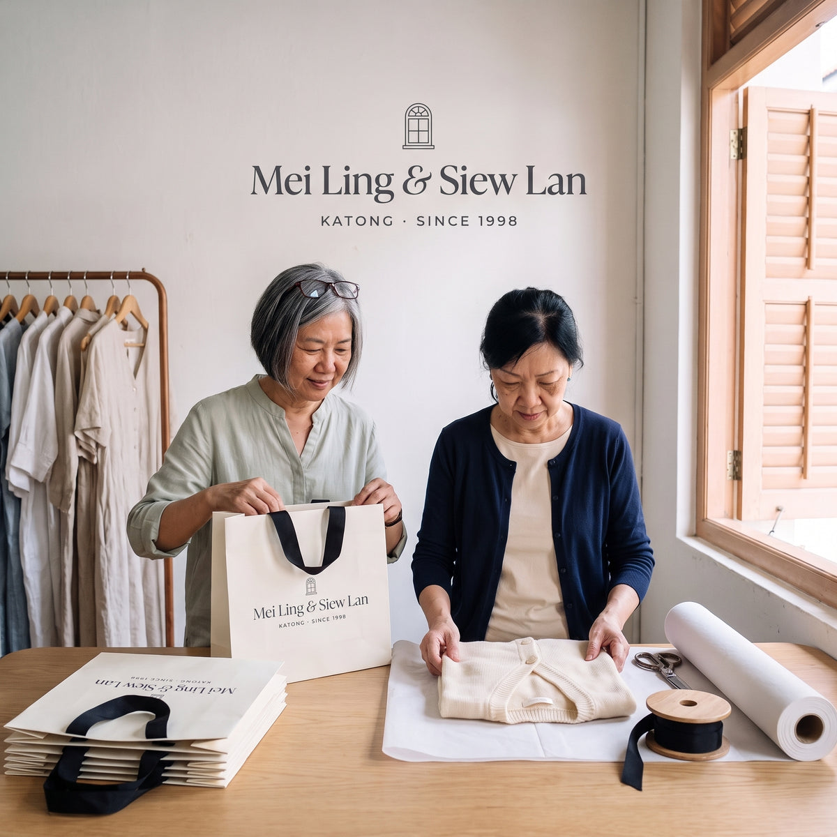 Mei Ling and Siew Lan packing orders at the shop counter