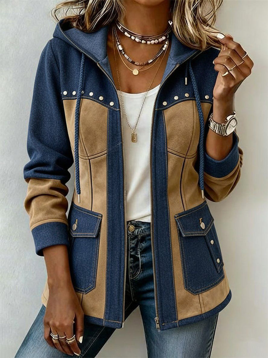 Harriet | Hooded Jacket in Navy & Camel
