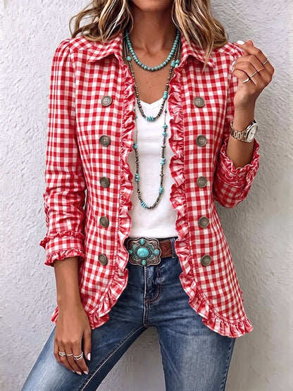 Charlene | Gingham Ruffled Button Down Jacket